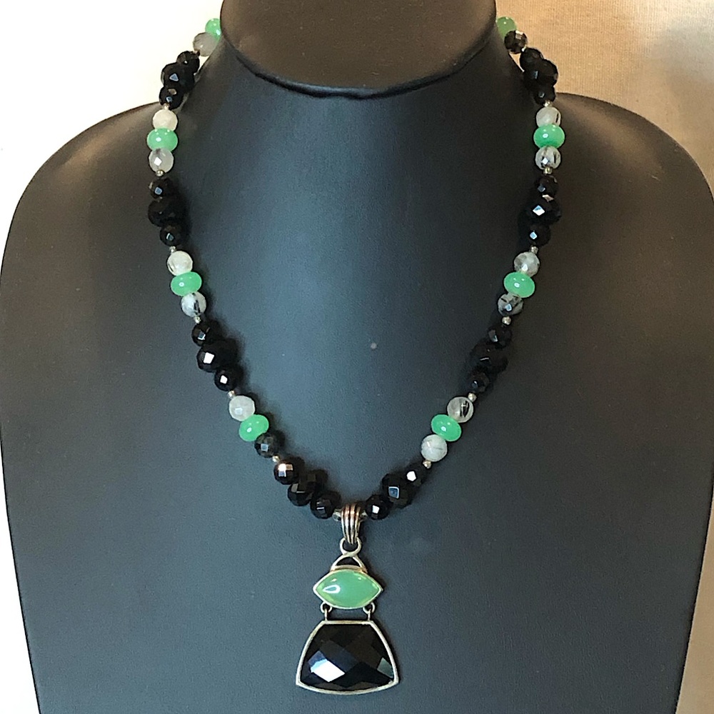 BARSE Sterling Silver Onyx Rutilated Quartz and Jade Semi-Precious Necklace